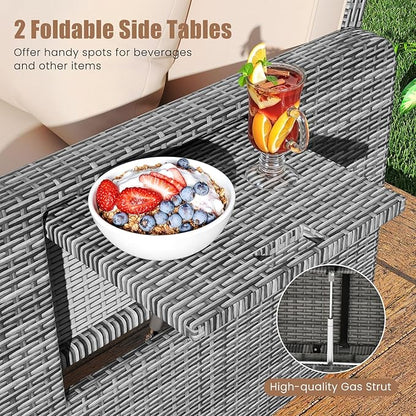 LDAILY Moccha Outdoor Daybed, Wicker Loveseat Sofa Set with 4-Postion Adjustable Backrest, Storage Ottoman, Cushions, Rattan Double Bed Lounger, Patio Furniture Set (Mixed Gray+Beige)