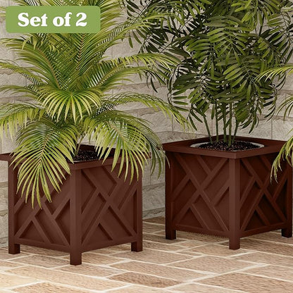 Lattice Design Outdoor Planter Box 2-Pack - 14.75” Square 13” Tall Brown Decorative Plant Pots for Front Porch Decor - Flower Pots Outdoor Planters for Porch Patio or Garden Decor by Pure Garden