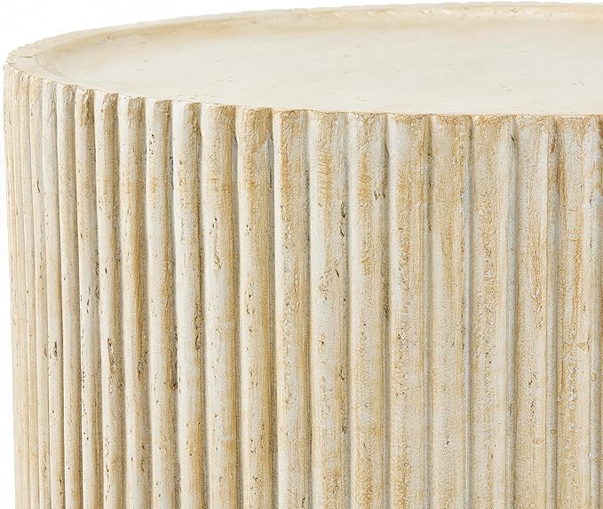 Christopher Knight Home Yunara 17" H Lightweight Concrete End Table with Stunning Fluted Design, Indoor Outdoor Accent Side Table, Travertine Effect Round Coffee Table, No Assembly, Natural