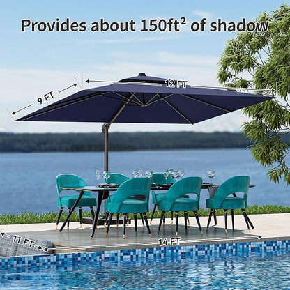 9x12FT Navy Blue Cantilever Outdoor Patio Umbrella with Base, Large Rectangular Offset Design, Double Top Heavy Duty Aluminum Frame & 360° Rotation for Pool Garden Deck Backyard