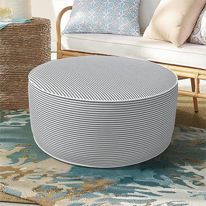 Inflatable Ottoman Stool D21 xH9 for Outdoor/Indoor Use, Water Repellent Patio Foot Rest Stool with Portable Handle,Round Pouf Ottoman Suitable for Garden,Deck and Camping - Stripe Grey