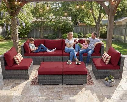 NICESOUL 8 Piece Modern Patio Couch Set, 29.3'' High Back Oversized Wicker Outdoor Sectional Furniture with Ottoman, Wide Seating Comfy Conversations for Backyard Deck, 2 Color Cushion Wine & Gray