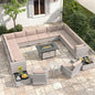 14-Seat Outdoor Wicker Patio Furniture Set with Fire Pit Table, Modular Rattan Sectional Sofa & 2 Swivel Rocking Chairs, 4" Thick Cushions, Rust-Resistant Frame,Beige