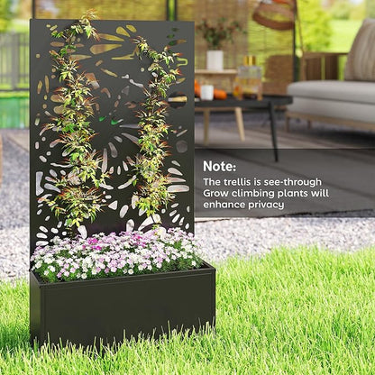 Outsunny Metal Raised Garden Bed with Trellis for Climbing Plants, Freestanding or Wall Mounted Flower Bed with Privacy Panel, Butterfly Cut-Out Outdoor Planter Box for Garden, Patio, Balcony