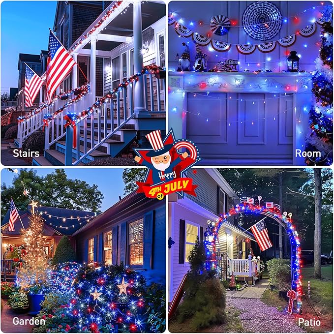 String Lights, 168 ft Red White and Blue, 600 LEDs, Outdoor Reel