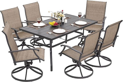 NUU GARDEN 7 Piece Outdoor Dining Set, 6 Swivel Patio Chairs and 1 Dining Table with 1.57 Inch Umbrella Hole, Iron Patio Furniture Set for Lawn Backyard Balcony, Black and Brown