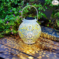 2 Pack Outdoor Solar Hanging Lantern Lights Metal LED Decorative Lamp for Garden Patio Courtyard Lawn and Table with Hollowed-Out Design (White)
