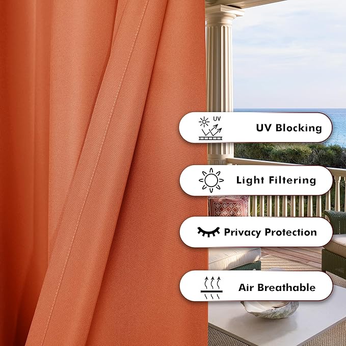 BONZER Waterproof Outdoor Curtains for Patio Porch Pergola Cabana Light Filtering Privacy Grommet Indoor Curtain Panels for Bedroom Living Room, 1 Panel, 54W x 108L inch, Mecca Orange