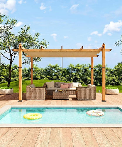 10 x 13 ft Aluminum Pergola with Adjustable Canopy, Outdoor Metal Pergola, Imitation Wood-Grain Sun Shade Shelter for Garden Patio Backyard Deck
