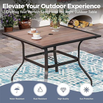 5 Piece Patio Dining Set for 4, 37”x37” Square Table (PVC Wood-Like Table Top) with 1.57" Umbrella Hole, 4 Metal Brown Chairs, Outdoor Table and Chairs Set for Lawn Backyard and Deck