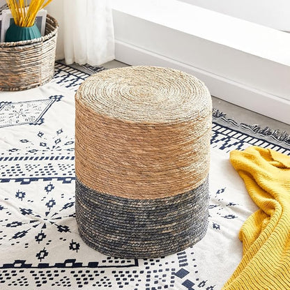 Wimarsbon Round Pouf Ottomans, Handwoven Natural Water Hyacinth Seagrass Pouffe,Outdoor Rattan Stool Accent Seat, Bohemian Coastal Home Decor (2pcs 14inch Natural Cattail-Blue)