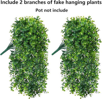 Faux Outdoor Plants Fake Hanging Plants for Outdoors Outside Decorations, 2 Pcs Green Faux Eucalyptus Vines Realistic UV Resistant Artificial Greenery for Planters Porch Garden Yard Front Door Patio