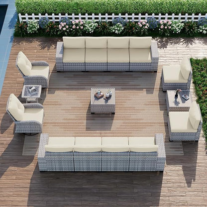 15-Piece Outdoor Patio Furniture Set with Rocking Swivel Chair Wicker Sectional Sofa Set, Patio Conversation Set with Thickened Cushions & Coffee Table for Garden, Backyard, White