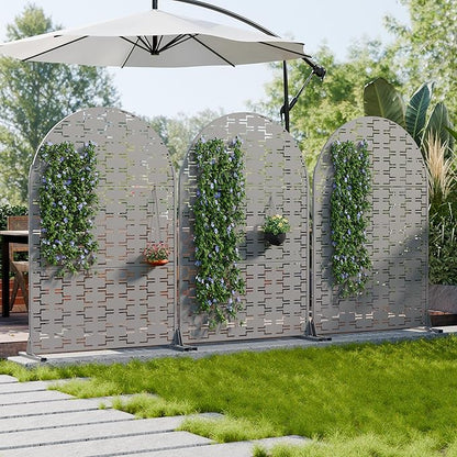 Casaphoria Metal Arched Privacy Screen Outdoor, 72" H x 47" W Freestanding Decorative Privacy Screen for Patio Deck Balcony Garden with Stable Base, Grey-Brick