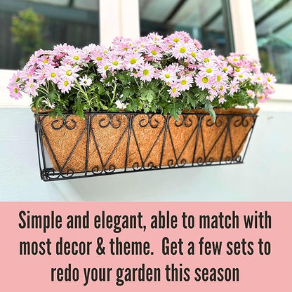 LaLaGreen Wall Planter - 4 Pack, 30 Inch Large Black Window Flower Basket Boxes Outdoor Attach House, Rectangular Deck Railing Hanging Pot with Coco Liner Over Rail Fence Balcony Patio Porch