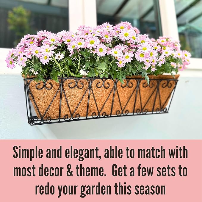 LaLaGreen Large Rail Planters - 2 Pack, 24 Inch Wall Hanging Basket with Coco Liner Deck Railing Hanging Window Flower Box Outdoor Black Metal Trough Plant Holder Fence Balcony Patio Porch Garden