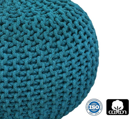 COTTON CRAFT Round Pouf - Hand Knitted Cotton Braid Cord Cable Dori Floor Pouf - Foot Stool - Ottoman Footrest Accent Seat Furniture Bean Bag - Living Room Kids Room Nursery Dorm Décor - 20x14 - Teal