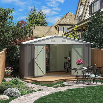 Greesum 10×8FT Outdoor Storage Shed, Metal Patio Storaged Sheds with Lockable Doors, Sheds & Outdoor Storage for Patio, Backyard, Pool and Garden, Gray