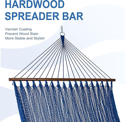 Lazy Daze Hammocks 10.5 FT Double 2 Person Caribbean Rope Hammock, Hand Woven Polyester Hammock with Spreader Bars, for Outside Outdoor Backyard Patio Poolside, 450 LBS Capacity, Blue