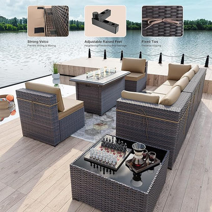 Kullavik 8 Pieces Outdoor Patio Furniture Set with 43" 55000BTU Gas Propane Fire Pit Table PE Wicker Rattan Sectional Sofa Patio Conversation Sets,Khaki