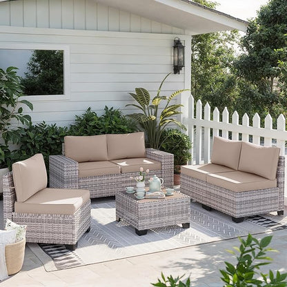 6-Piece Outdoor Patio Furniture Set Wicker Sectional Sofa Set, Patio Conversation Set with Thickened Cushions & Coffee Table for Garden, Backyard, Poolside, Beige