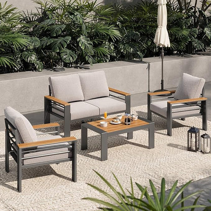 Aoxun Aluminum Outdoor Patio Furniture Set, 4 Seats Outdoor Sectional with Coffee Table, Patio Conversation Sets with Upgraded Armrests and Cushions for Backyard, Garden and Poolside