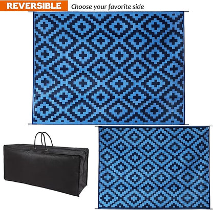 SAND MINE Reversible Mats, Plastic Straw Rug, Modern Area Rug, Large Floor Mat and Rug for Outdoors, RV, Patio, Backyard, Deck, Picnic, Beach, Trailer, Camping, Blue, 9' x 12'