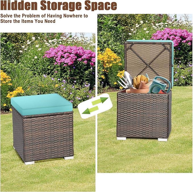 RELAX4LIFE Wicker Outdoor Storage Ottoman, 2-Piece Rattan Footstool w/Removable Cushion, Multipurpose Footrest Stool Side Table Additional Seating, Set of 2 Outdoor Ottomans for Patio Deck (Turquoise)