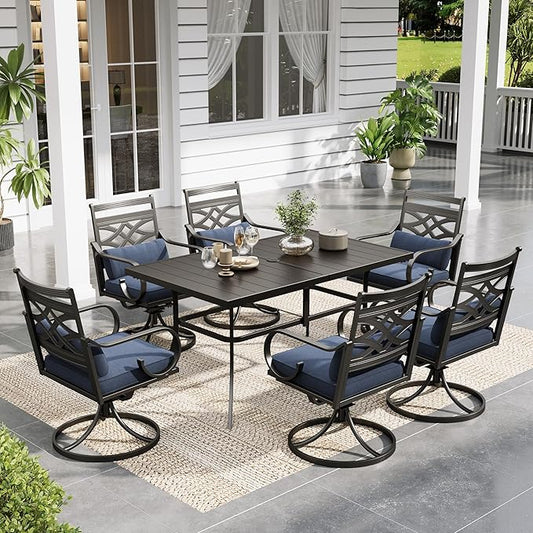 Sophia and William Swivel Patio Dining Set for 6, Outdoor Table and Chairs, Removable Blue Seat Cushions, 60" Black Patio Dining Table,Blue