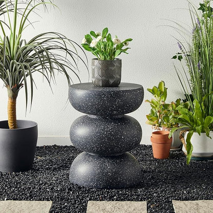 Glitzhome Outdoor Side Table, 18" H Decorative Garden Stool MGO Faux Terrazzo End Table, Heavy Duty Indoor Outdoor Round Planter Stand for Living Room Bedroom Patio Deck Poolside,Black