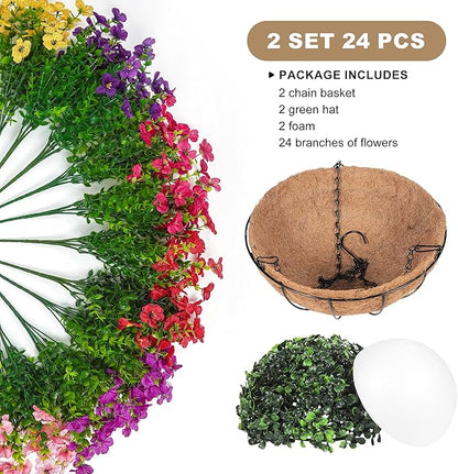 2 Set Artificial Faux Hanging Plants Flowers Basket for Outdoors Spring Summer Decoration, 2 Hanging Planters with 24pcs Fake Silk Flowers UV Resistant for Outside Porch Patio Garden Home 6 Multicolor