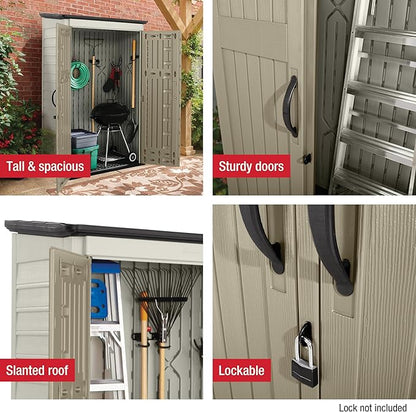 Rubbermaid Vertical Resin Outdoor Storage Shed With Floor (4 x 2.5 Ft) Weather Resistant Beige/Brown Organization for Home/Backyard/Pool Chemicals/Toys/Garden Tools/Porch/Patio Cushions