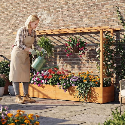 Giantex Raised Garden Bed with Trellis & Hanging Roof, Wood Planter Box with Bottom and Drainage Holes, Freestanding Garden Planter for Flower Vegetable Fruit Herb Climbing Vines (79" x 17.5" x 45")