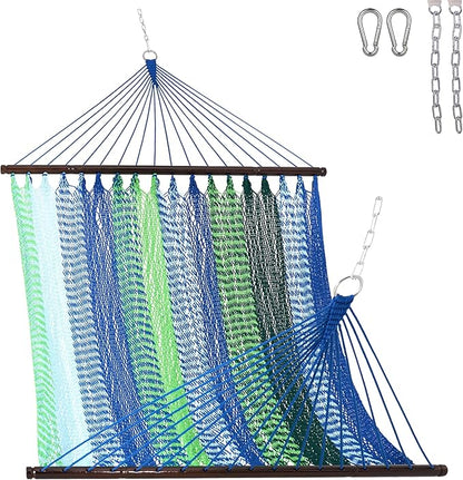 Lazy Daze Hammocks 10.5 FT Double 2 Person Caribbean Rope Hammock, Hand Woven Polyester Hammock with Spreader Bars, for Outside Outdoor Backyard Patio Poolside, 450 LBS Capacity, Blue/Green