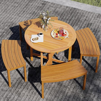 Tangkula 2 Pieces 36 Inches Outdoor Folding Round Dining Table, No Assembly Patio Acacia Wood Bistro Table with Slatted Tabletop, for Backyard, Porch, Balcony