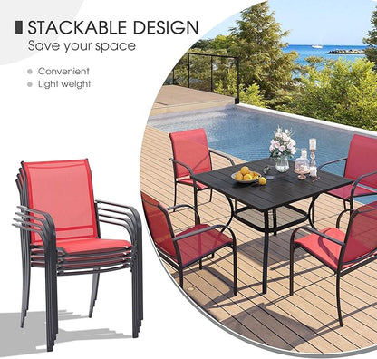 VICLLAX 5-Piece Modern Patio Dining Set - Square Table & 4 Stackable Sling Chairs - Black Table, Red Chairs - Outdoor Furniture for Balcony, Garden, Deck
