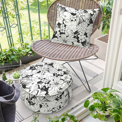 Inflatable Ottoman Stool D21 xH9 for Outdoor/Indoor Use, Water Repellent Patio Foot Rest with Portable Handle,Round Pouf Ottoman Suitable for Garden,Deck and Camping-Tropical Blossom Noir