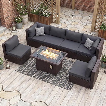 NICESOUL 7 Piece Large Size Outdoor Patio Furniture Set with Fire Pit, 29.3'' High Back Deep Seat Sectional Conversation Sets, Heavy Duty Modern Backyard Sitting, Brown Rattan and Dark Grey Cushion