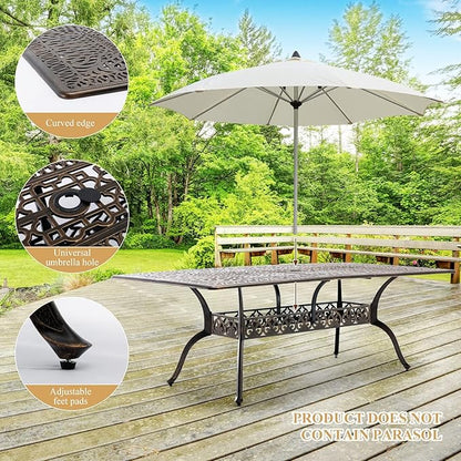 Outdoor Patio Dining Table - All-Weather Cast Aluminum 87" x 28.5“ Patio Rectangular Table with 2" Umbrella Hole for Balcony Lawn Garden Backyard