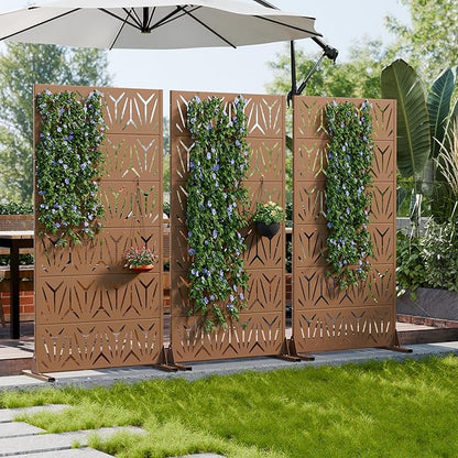 Casaphoria Metal Privacy Screen Outdoor, 72" H x 35" W Freestanding Decorative Privacy Screen for Patio Deck Balcony Garden with Stable Base, Brown-Star