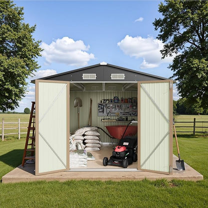 Greesum 8x10FT Outdoor Storage Shed, Metal Storaged Sheds with Lockable Doors, Sheds & Outdoor Storage for Bike, Backyard, Pool and Garden, Brown