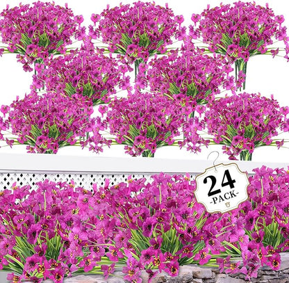 24 Red Lotus Bundles Artificial Flowers for Outdoors/Indoors Fake Flowers Plants for Indoor Outside Garden Porch Window Box Home Wedding Farmhouse