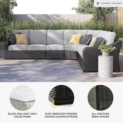 Signature Design by Ashley Beachcroft Curved Modern 5-Piece Outdoor Sectional with Cushion and 6 Throw Pillows, Light Gray