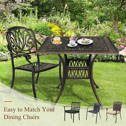 VINGLI Patio Dining Table with Umbrella Hole, Cast Aluminum Outdoor Bistro Furniture for Garden (35.4" Lx35.4 Wx29.5 H)