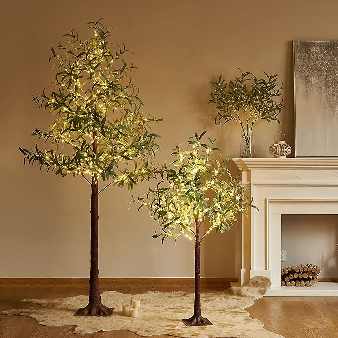 Artificial Olive Branch Greenery, 24 Inch, 72 LED Warm White Lights