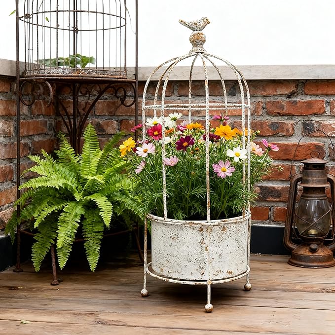 Planter Metal Birdcage Stand in White, 21.7 Inches Tall