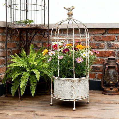 Planter Metal Birdcage Stand in White, 21.7 Inches Tall