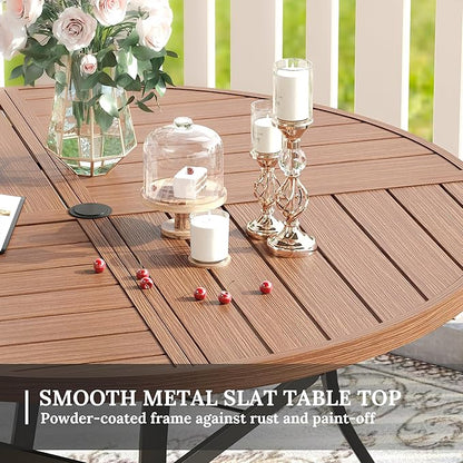 VICLLAX Round Patio Table with Adjustable Umbrella Hole for 4, All Weather Metal Outdoor Dining Table for Lawn Garden, 40.6" Outdoor Coffee Table, Walnut Wood-Like Tabletop
