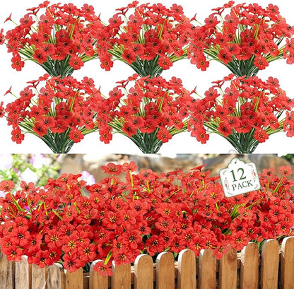 MACTING 12 Bundles Artificial Flowers for Outdoors Fake Flowers UV Resistant Faux Plastic Plants No Fade for Planters Window Patio Porch Garden Home Outside Spring Summer Decorations,Red