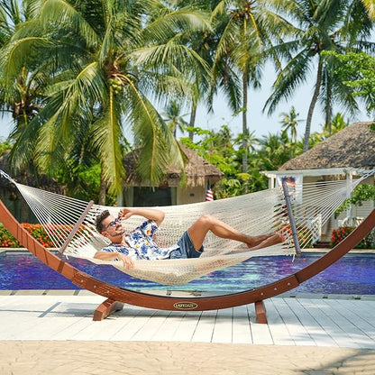 Lazy Daze Hammocks 10.5 FT Double 2 Person Caribbean Rope Hammock, Hand Woven Polyester Hammock with Spreader Bars, for Outside Outdoor Backyard Patio Poolside, 450 LBS Capacity, Cream